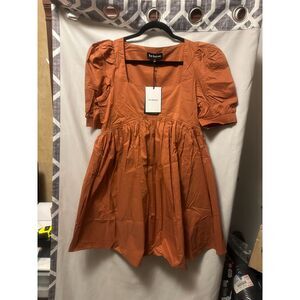 NWT EN SAISON Cotton-Poplin Mini Dress Square Neck Burnt Orange Size Large